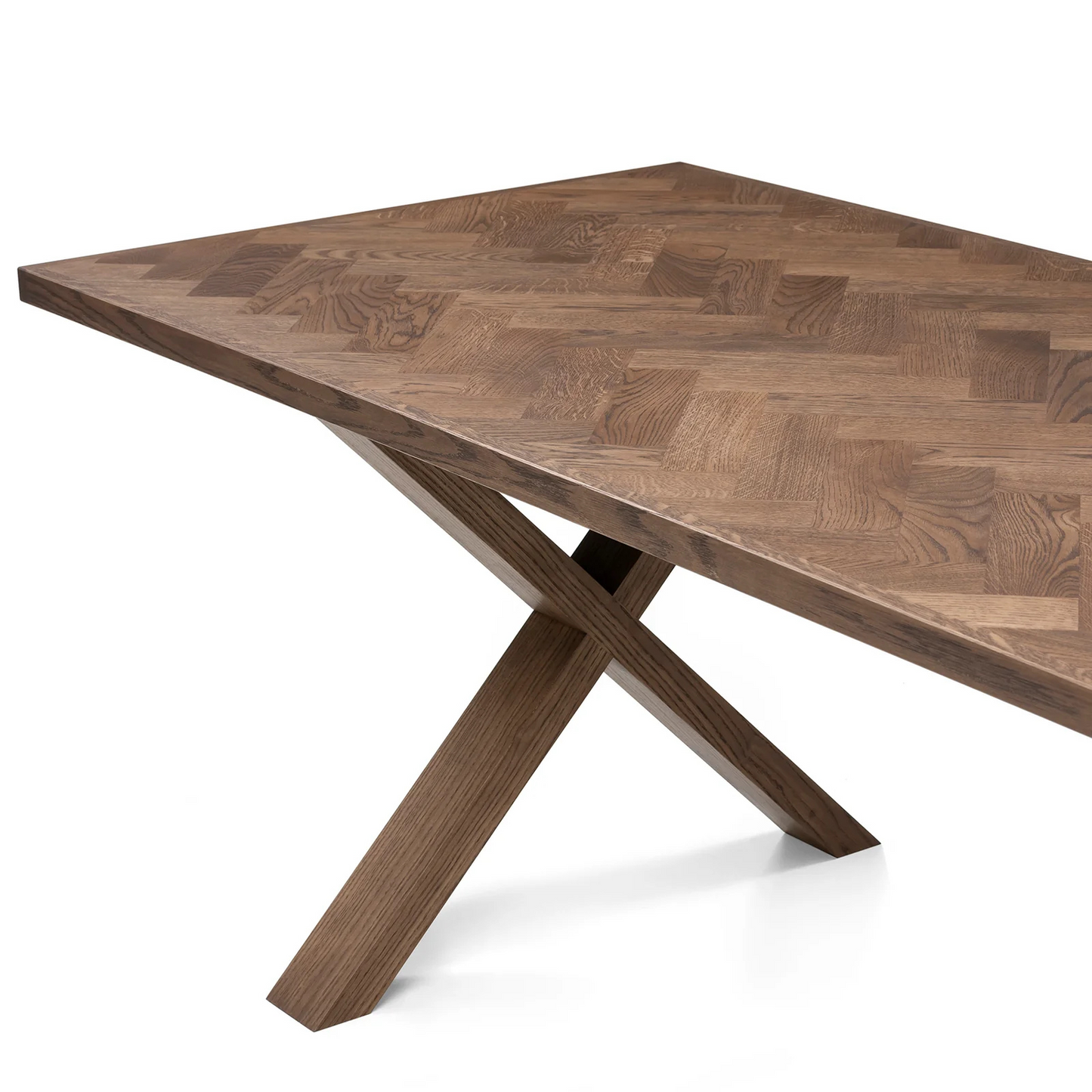 Gaia herringbone solid wood extendable dining table in chocolate oak with cross wood legs – luxury solid wood furniture piece.