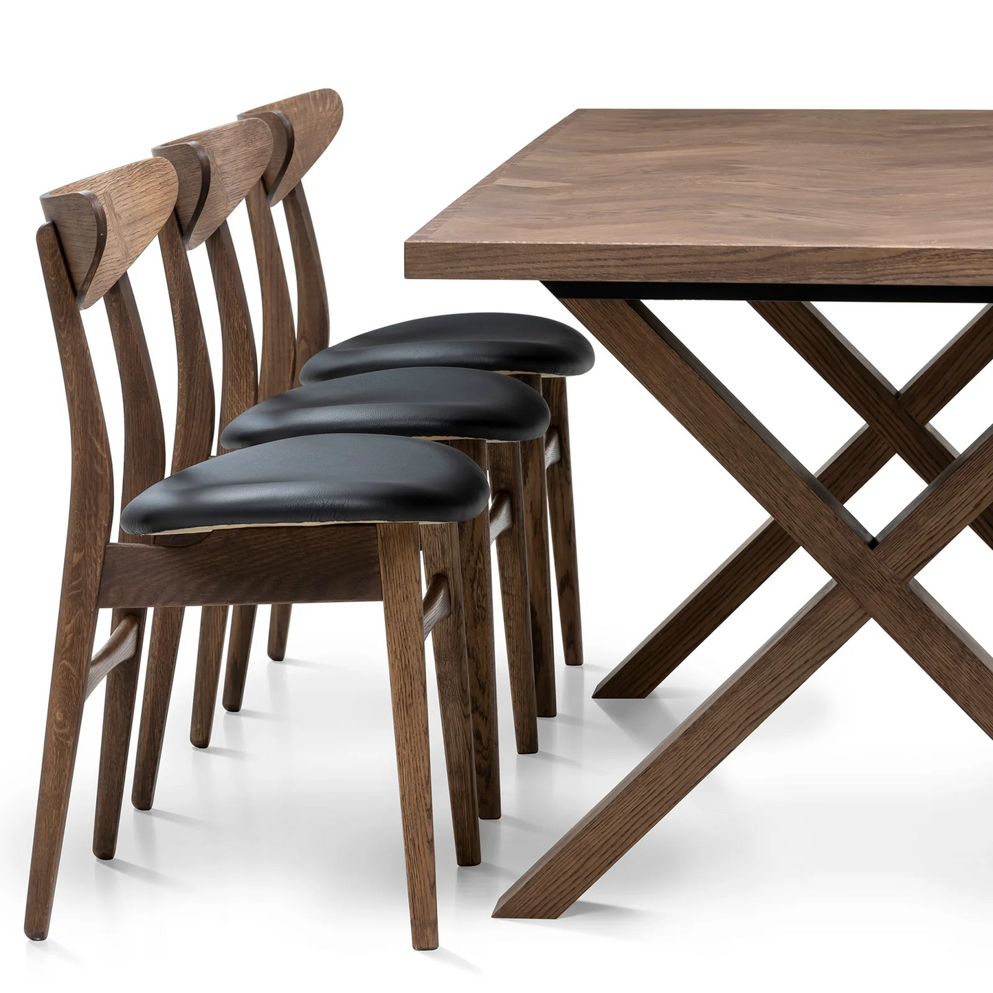 Gaia herringbone solid wood extendable dining table in chocolate oak with cross wood legs – luxury solid wood furniture piece.