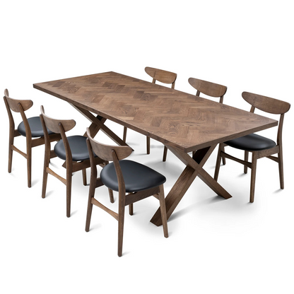 Gaia herringbone solid wood extendable dining table in chocolate oak with cross wood legs – luxury solid wood furniture piece.