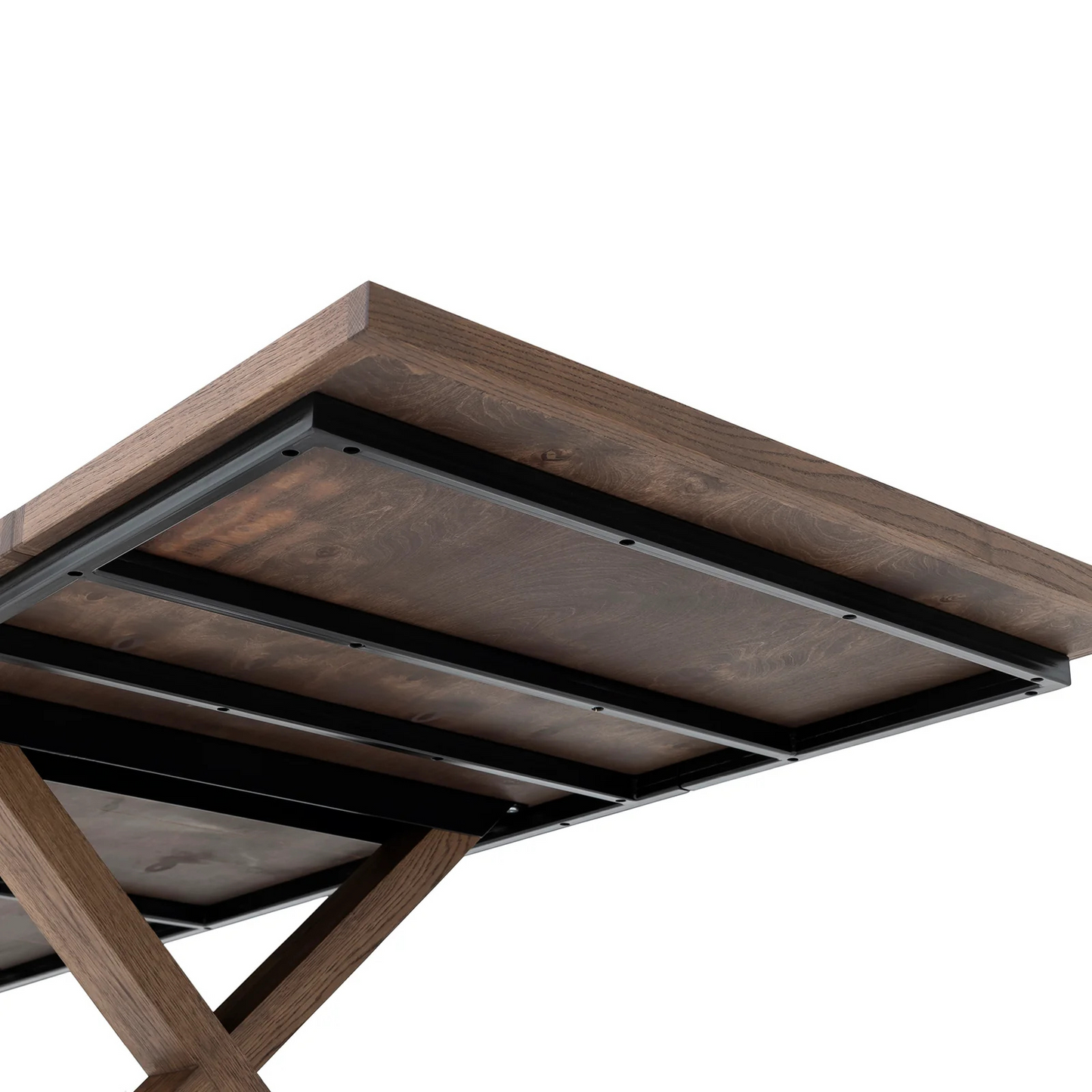 Gaia herringbone solid wood extendable dining table in chocolate oak with cross wood legs – luxury solid wood furniture piece.