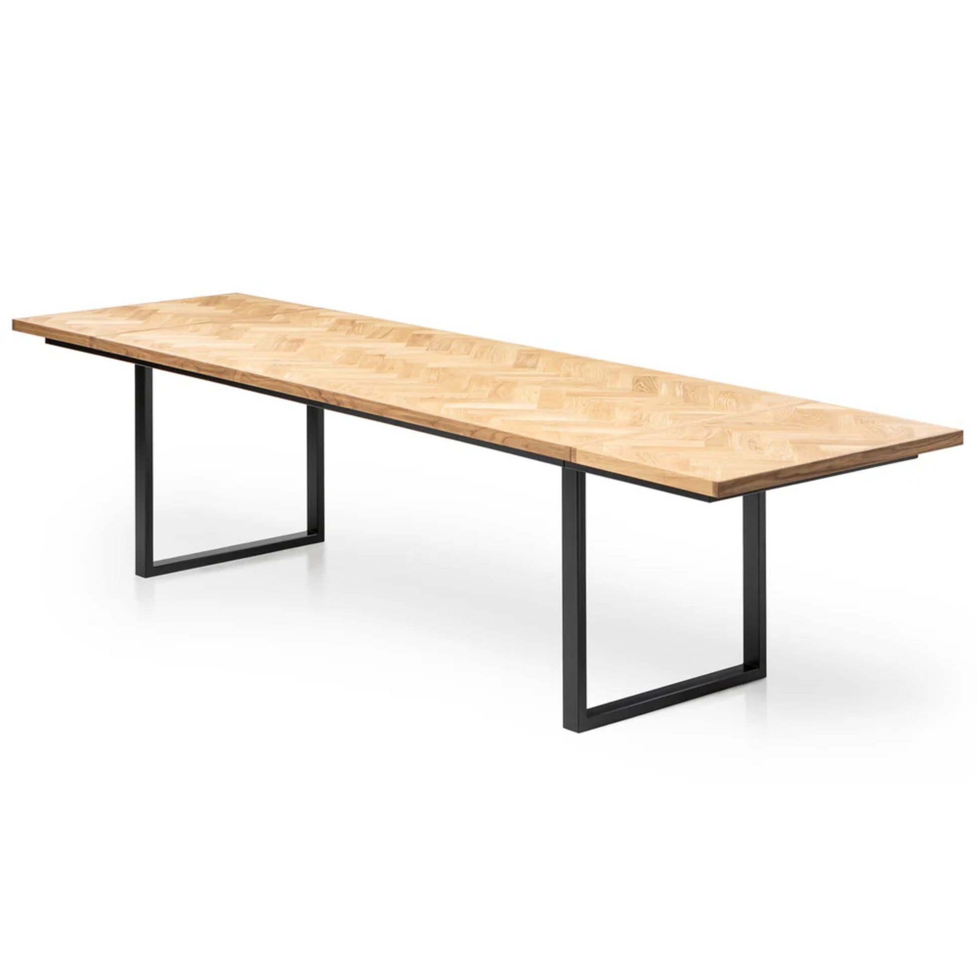 Gaia herringbone solid wood extendable dining table in clear oak with square metal legs – luxury solid wood furniture, custom made.