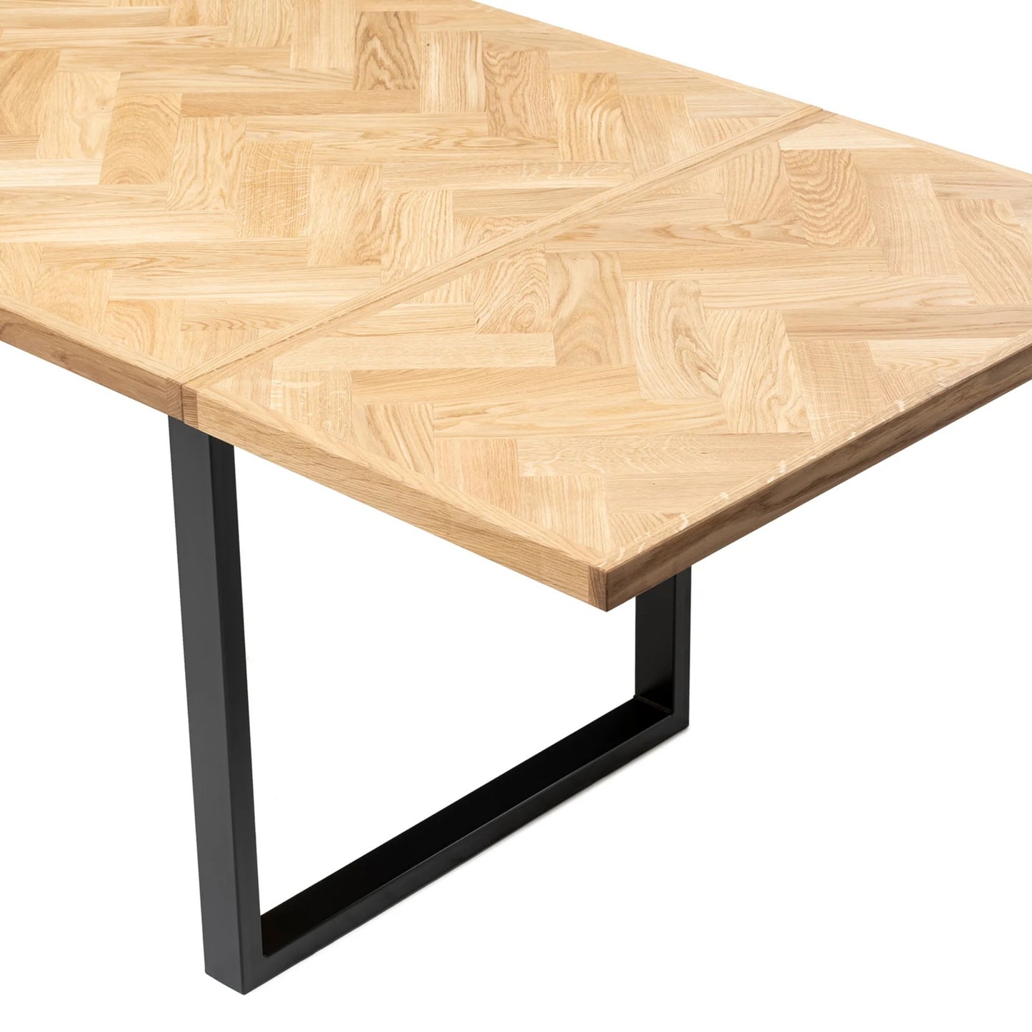 Gaia herringbone solid wood extendable dining table in clear oak with square metal legs – luxury solid wood furniture, custom made.