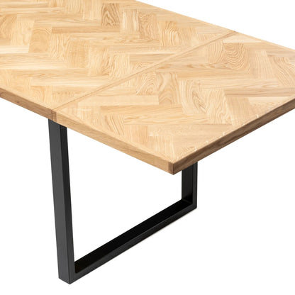 Gaia herringbone solid wood extendable dining table in clear oak with square metal legs – luxury solid wood furniture, custom made.