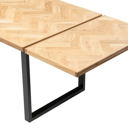 Gaia herringbone solid wood extendable dining table in clear oak with square metal legs – luxury solid wood furniture, custom made.