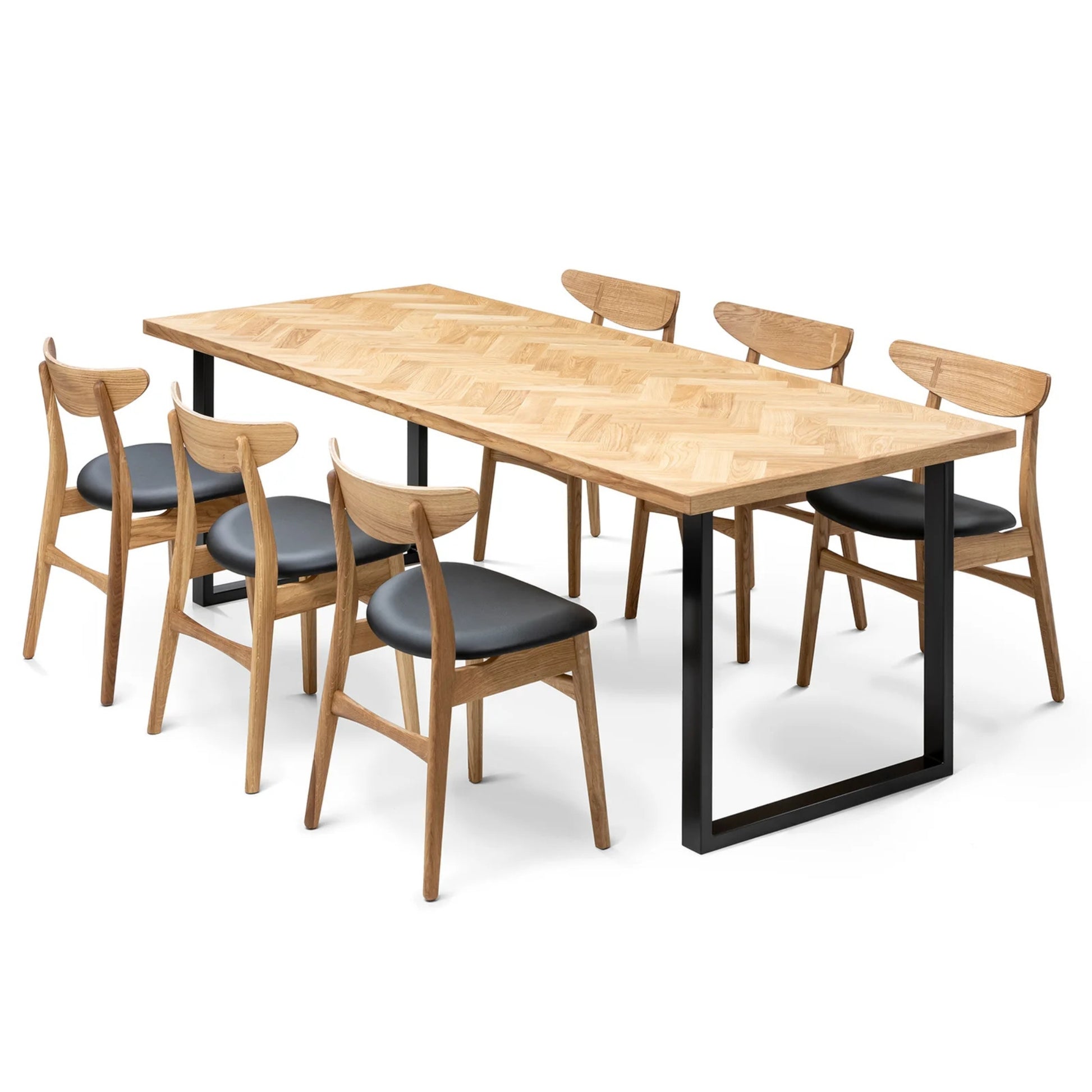 Gaia herringbone solid wood extendable dining table in clear oak with square metal legs and handcrafted solid wood & natural leather chairs – luxury solid wood furniture piece.