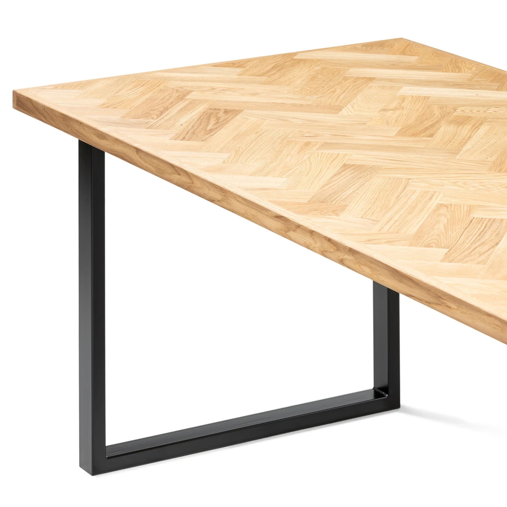 Gaia herringbone solid wood extendable dining table in clear oak with square metal legs – luxury solid wood furniture, custom made.