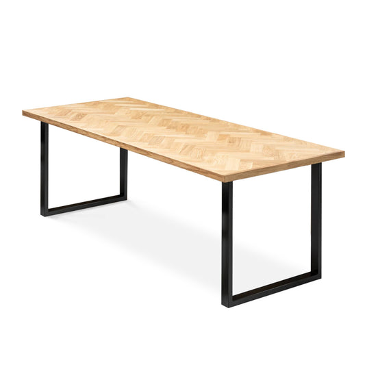 Gaia herringbone solid wood extendable dining table in clear oak with square metal legs – luxury solid wood furniture piece.