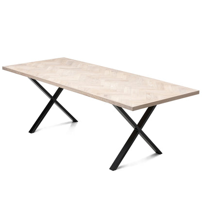 Gaia herringbone solid wood extendable dining table in white oak with cross metal legs – luxury solid wood furniture, custom made.