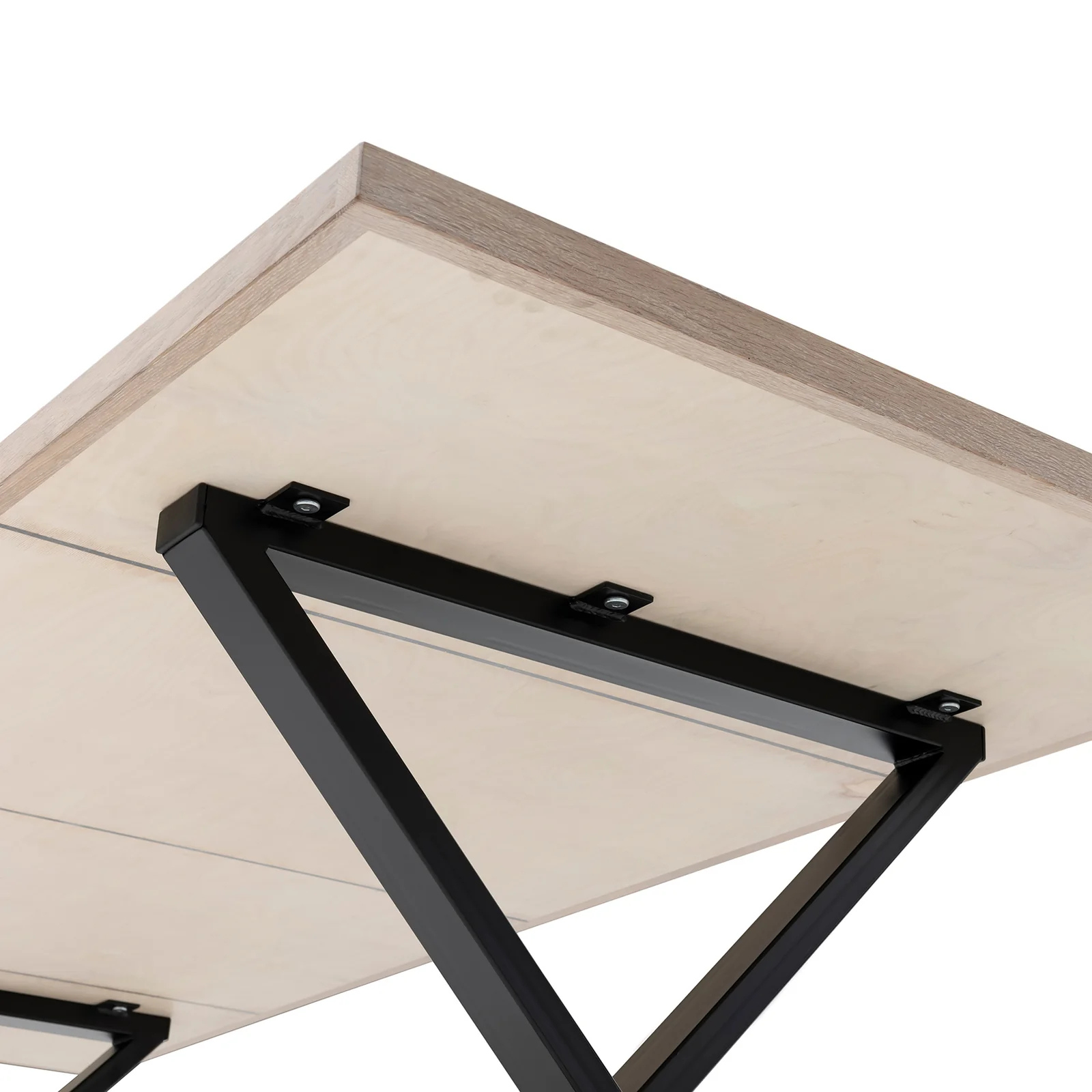 Gaia herringbone solid wood extendable dining table in white oak with cross metal legs – luxury solid wood furniture piece.