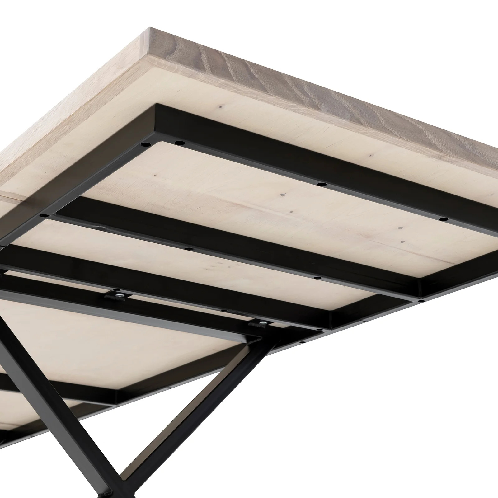 Gaia herringbone solid wood extendable dining table in white oak with cross metal legs – luxury solid wood furniture piece.