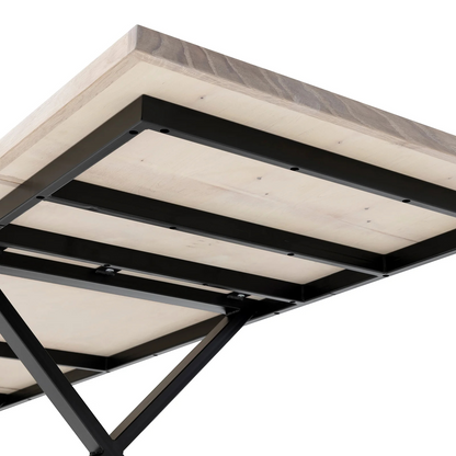 Gaia herringbone solid wood extendable dining table in white oak with cross metal legs – luxury solid wood furniture piece.