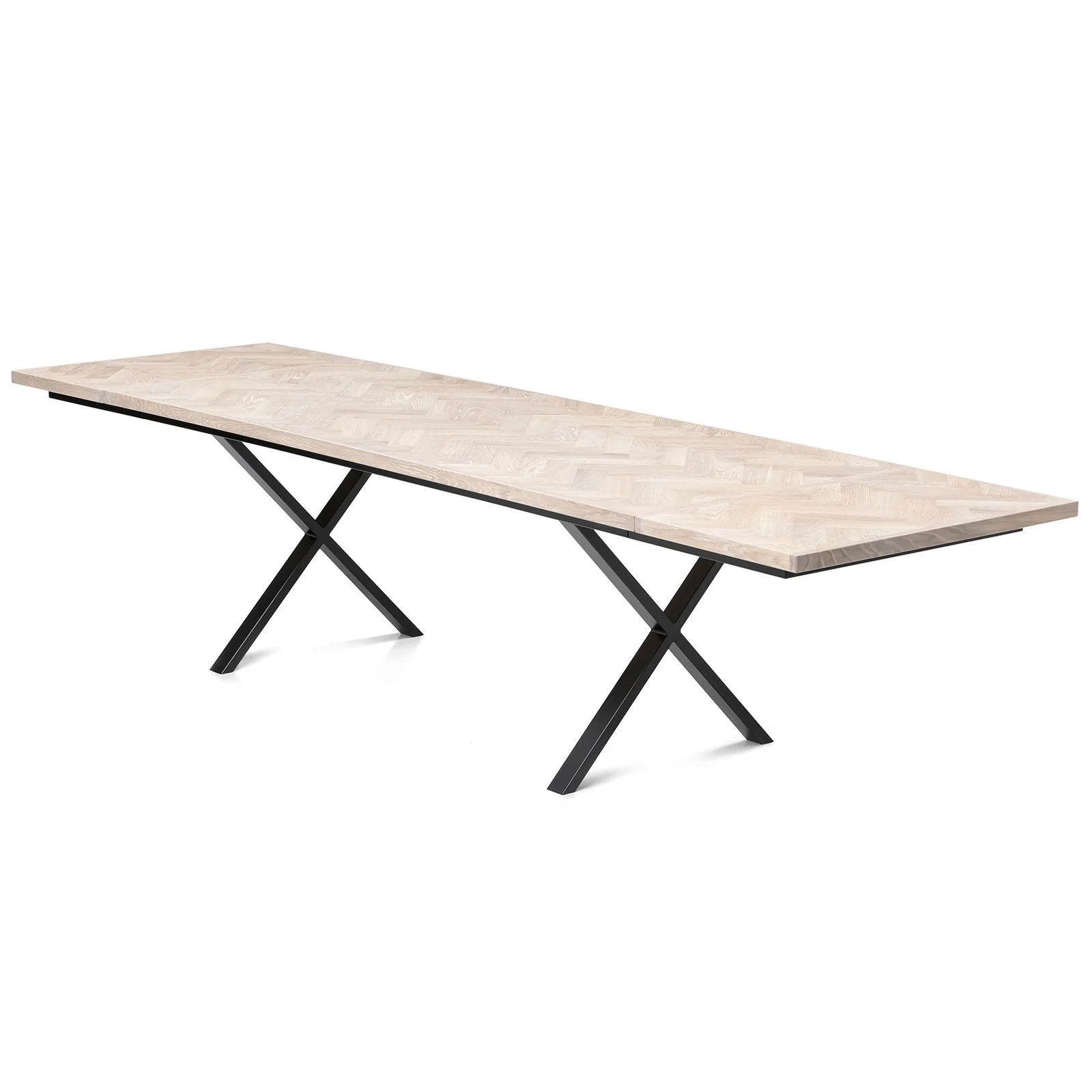 Gaia herringbone solid wood extendable dining table in white oak with cross metal legs – luxury solid wood furniture piece.