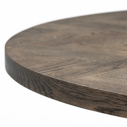 Solid Wood Round Extendable Dining Table With Dark Oak Herringbone Top and Metal Star Legs!