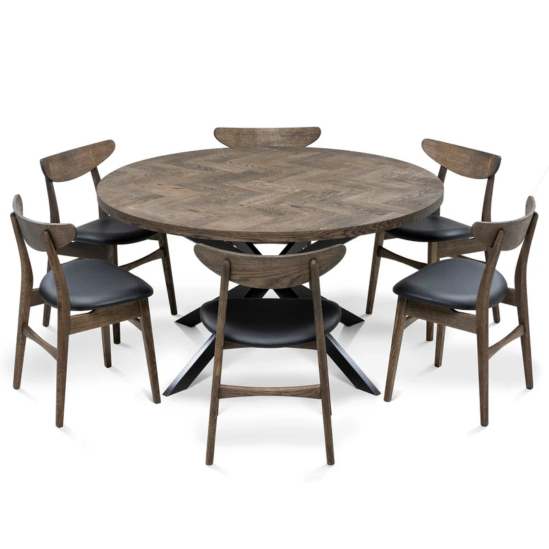 Solid Wood Round Extendable Dining Table With Dark Oak Herringbone Top and Metal Star Legs!