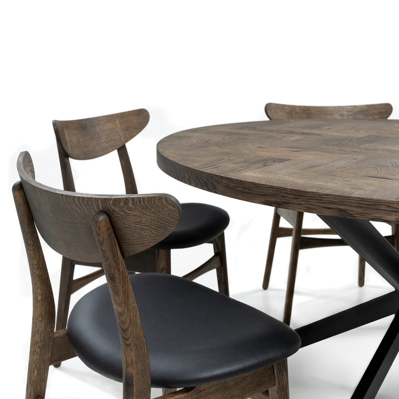 Solid Wood Round Extendable Dining Table With Dark Oak Herringbone Top and Metal Star Legs!