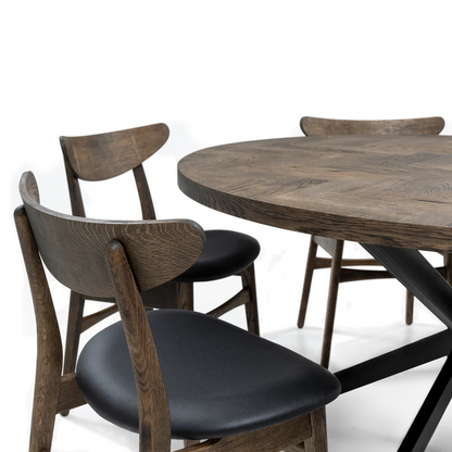 Solid Wood Round Extendable Dining Table With Dark Oak Herringbone Top and Metal Star Legs!