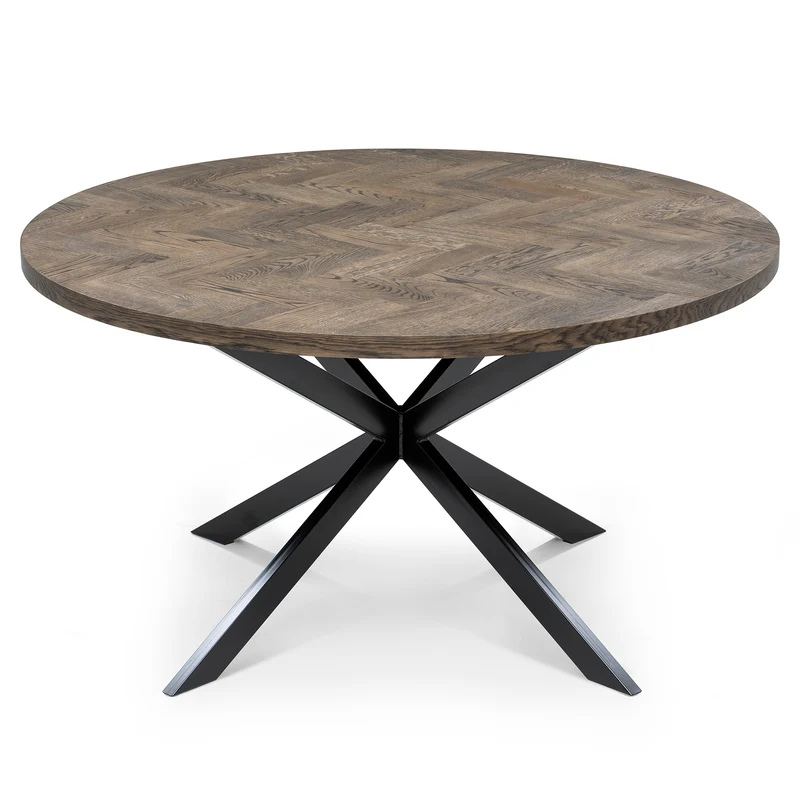 Solid Wood Round Extendable Dining Table With Dark Oak Herringbone Top and Metal Star Legs!