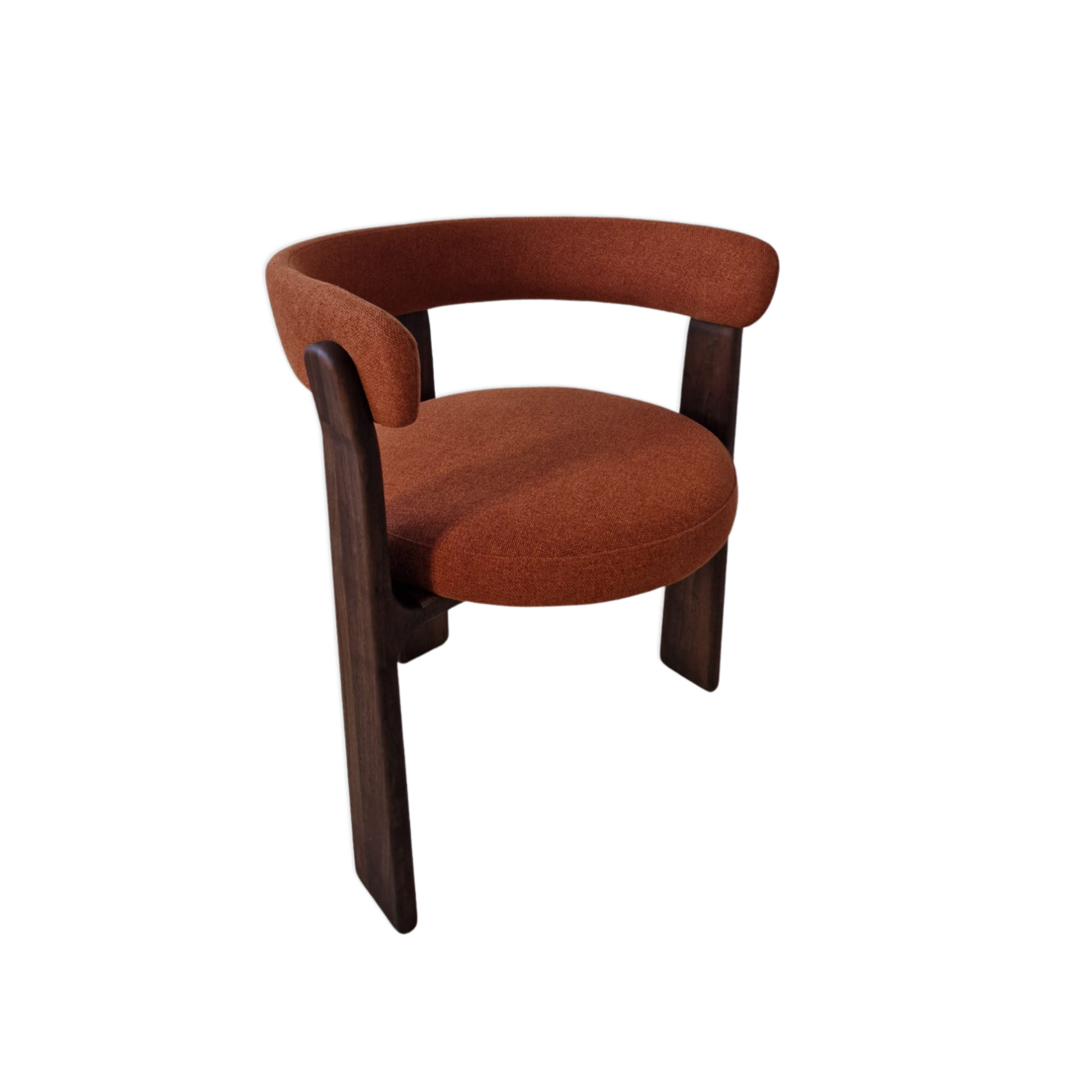 Luna solid wood dining chair in rich Chocolate Walnut finish, featuring a sculptural round silhouette and handcrafted from FSC certified walnut or oak planks. This bespoke, premium dining chair offers a choice of natural leather or luxury upholstery, blending sustainable craftsmanship with modern elegance for timeless interiors.