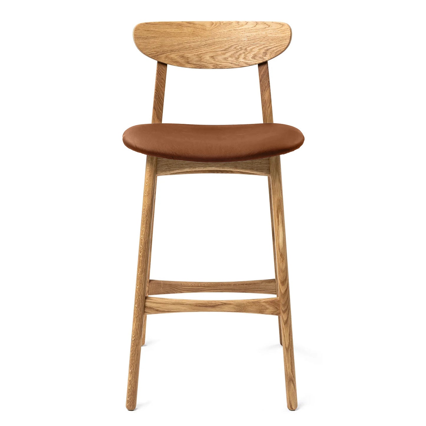 Megan handcrafted solid wood bar counter stool from natural oak and natural leather seat.