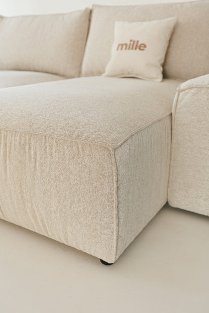 Milano modular sofa in premium Belgian fabric, corner view – extendable bespoke sofa with built-in storage, low-profile modern design, upholstered in premium durable fabric, featuring polyurethane and memory foam seat cushions with plywood frame. Stylish and functional seating and sleeping solution for contemporary interiors.