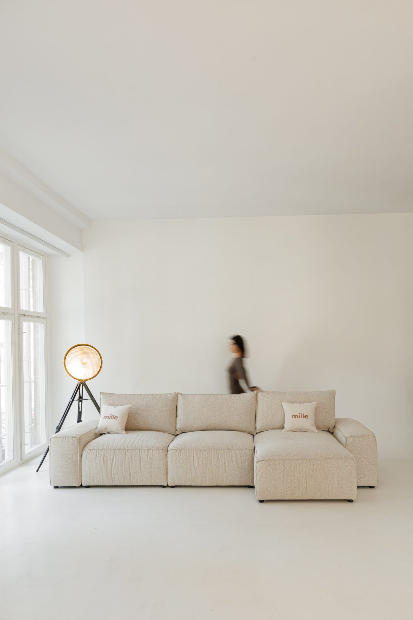 Milano modular sofa in premium Belgian fabric, corner view – extendable bespoke sofa with built-in storage, low-profile modern design, upholstered in premium durable fabric, featuring polyurethane and memory foam seat cushions with plywood frame. Stylish and functional seating and sleeping solution for contemporary interiors.