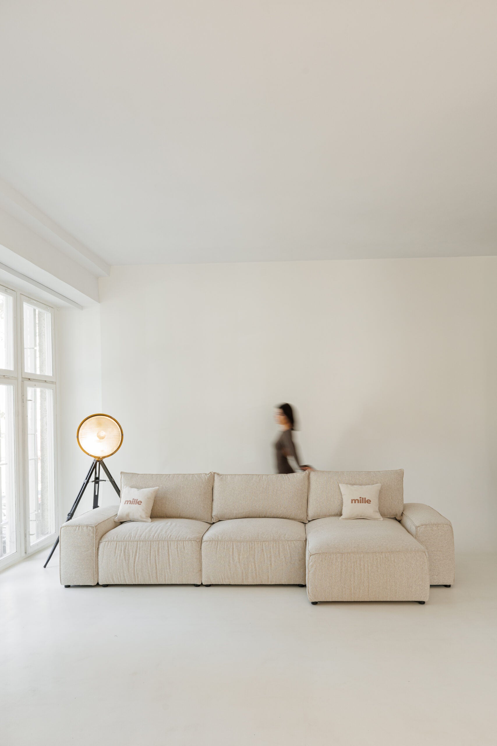 Milano modular sofa in premium Belgian fabric, corner view – extendable bespoke sofa with built-in storage, low-profile modern design, upholstered in premium durable fabric, featuring polyurethane and memory foam seat cushions with plywood frame. Stylish and functional seating and sleeping solution for contemporary interiors.