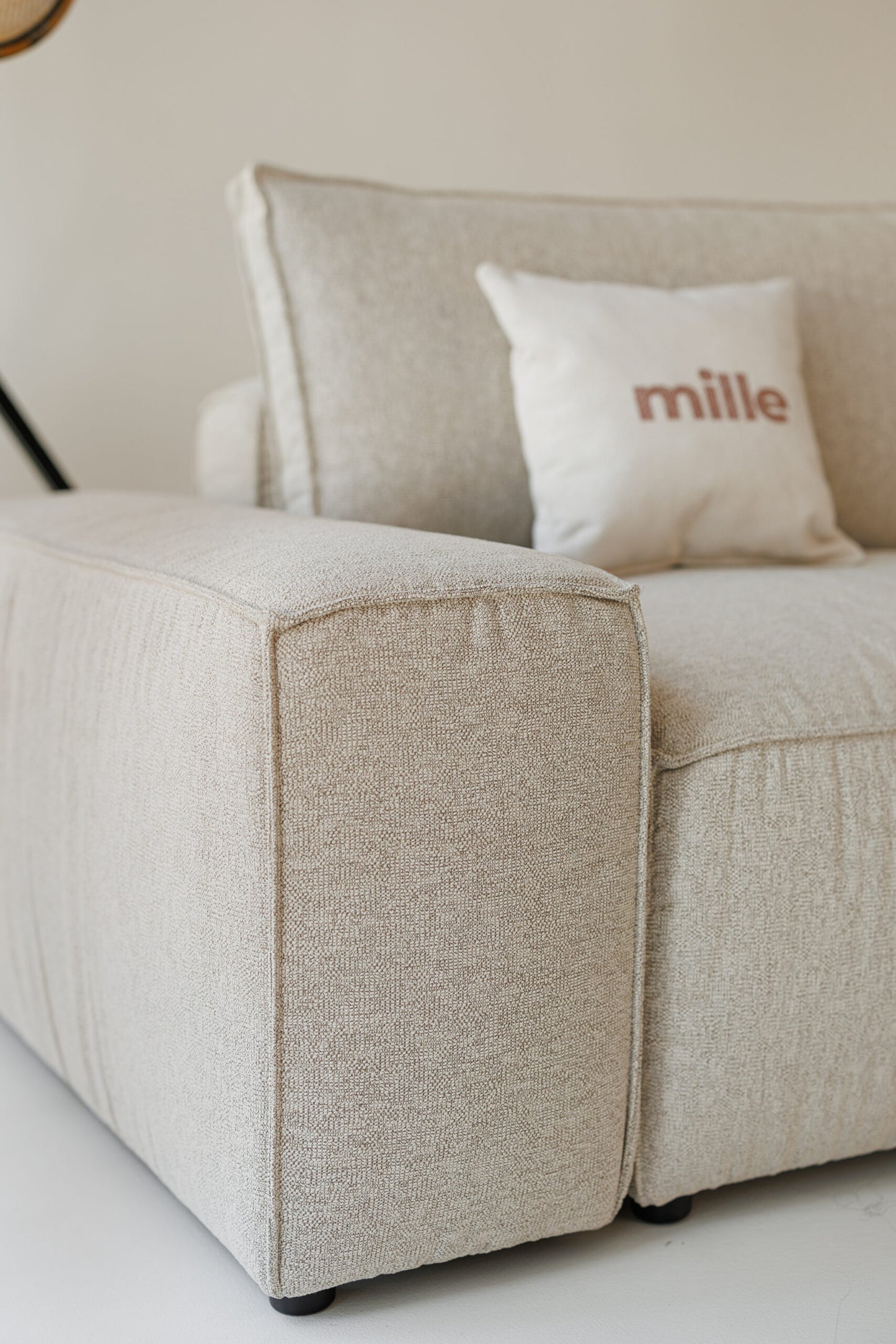 Milano modular sofa in premium Belgian fabric, corner view – extendable bespoke sofa with built-in storage, low-profile modern design, upholstered in premium durable fabric, featuring polyurethane and memory foam seat cushions with plywood frame. Stylish and functional seating and sleeping solution for contemporary interiors.