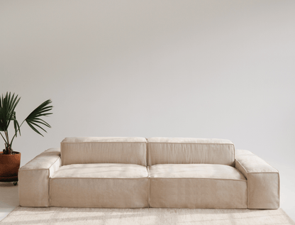 Mood modular linen sofa by Talia Haus, featuring premium construction with memory foam, goose down, and linen fabric upholstery.
