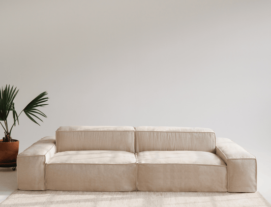 Mood modular linen sofa by Talia Haus, featuring premium construction with memory foam, goose down, and linen fabric upholstery.