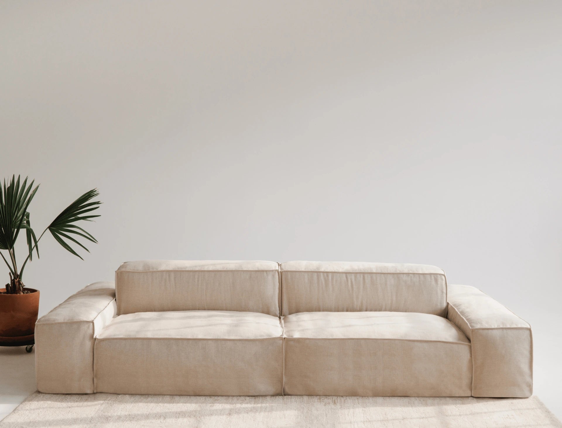 Beige linen sofa in a minimalistic room with a plant on the left.