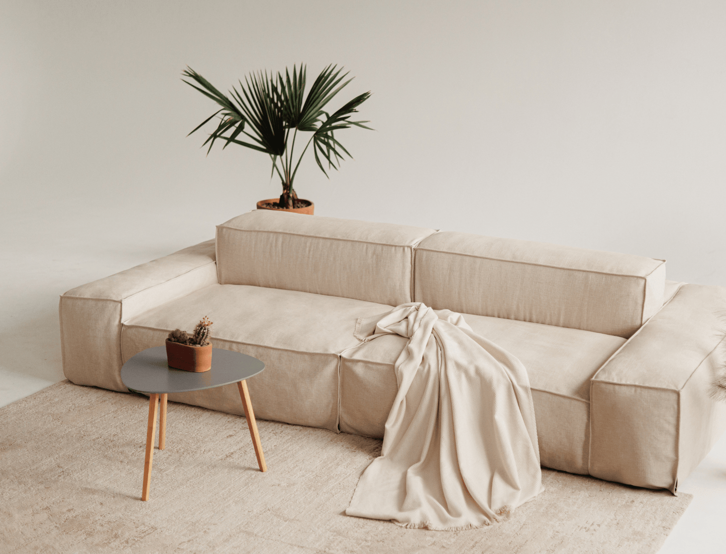 Mood modular linen sofa by Talia Haus, featuring premium construction with memory foam, goose down, and linen fabric upholstery.