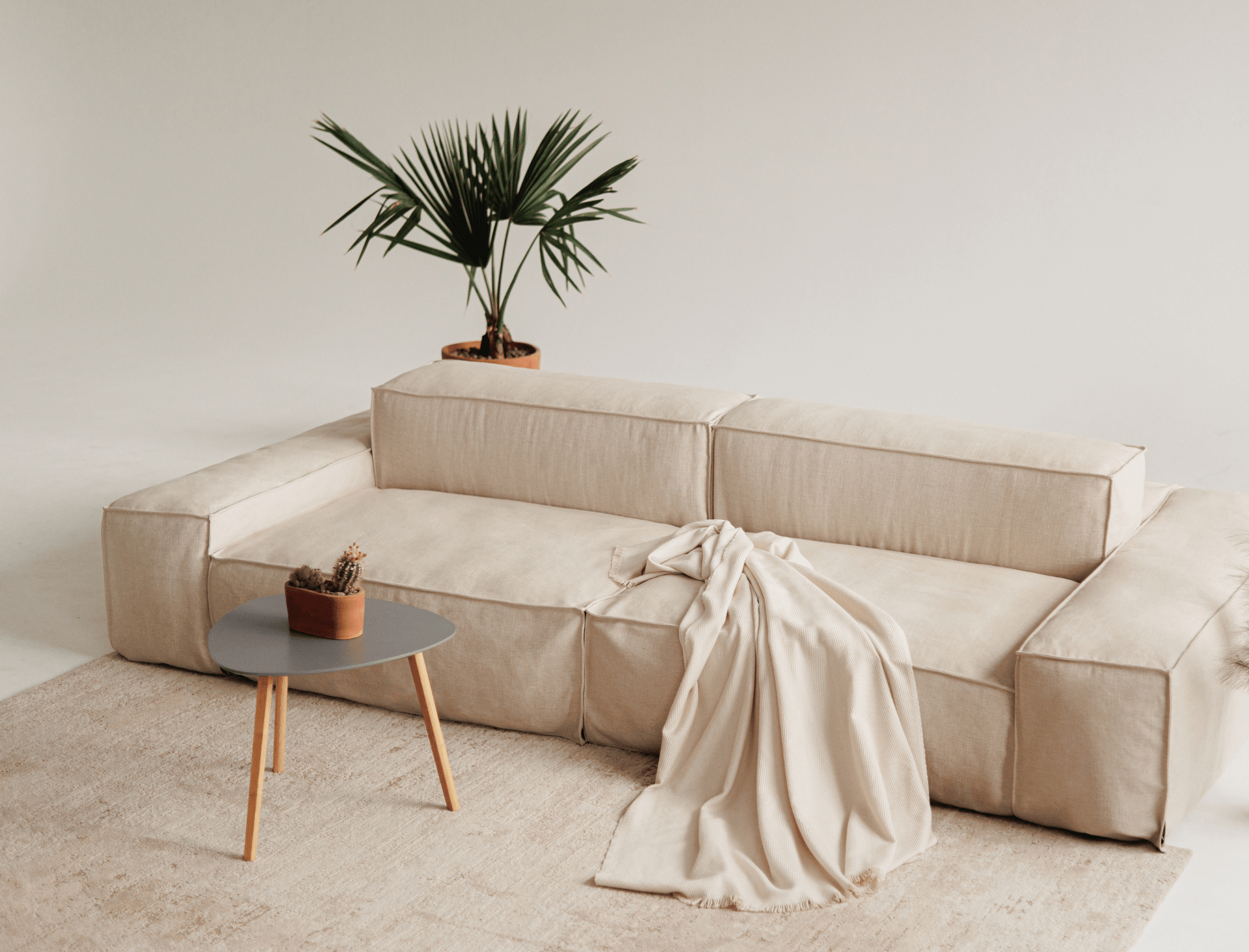 Mood modular linen sofa by Talia Haus, featuring premium construction with memory foam, goose down, and linen fabric upholstery.