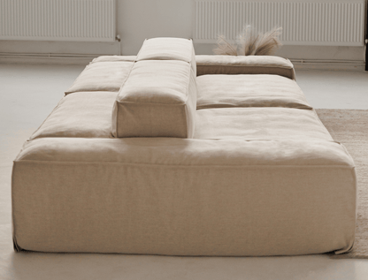 Mood modular linen sofa by Talia Haus, featuring premium construction with memory foam, goose down, and linen fabric upholstery.