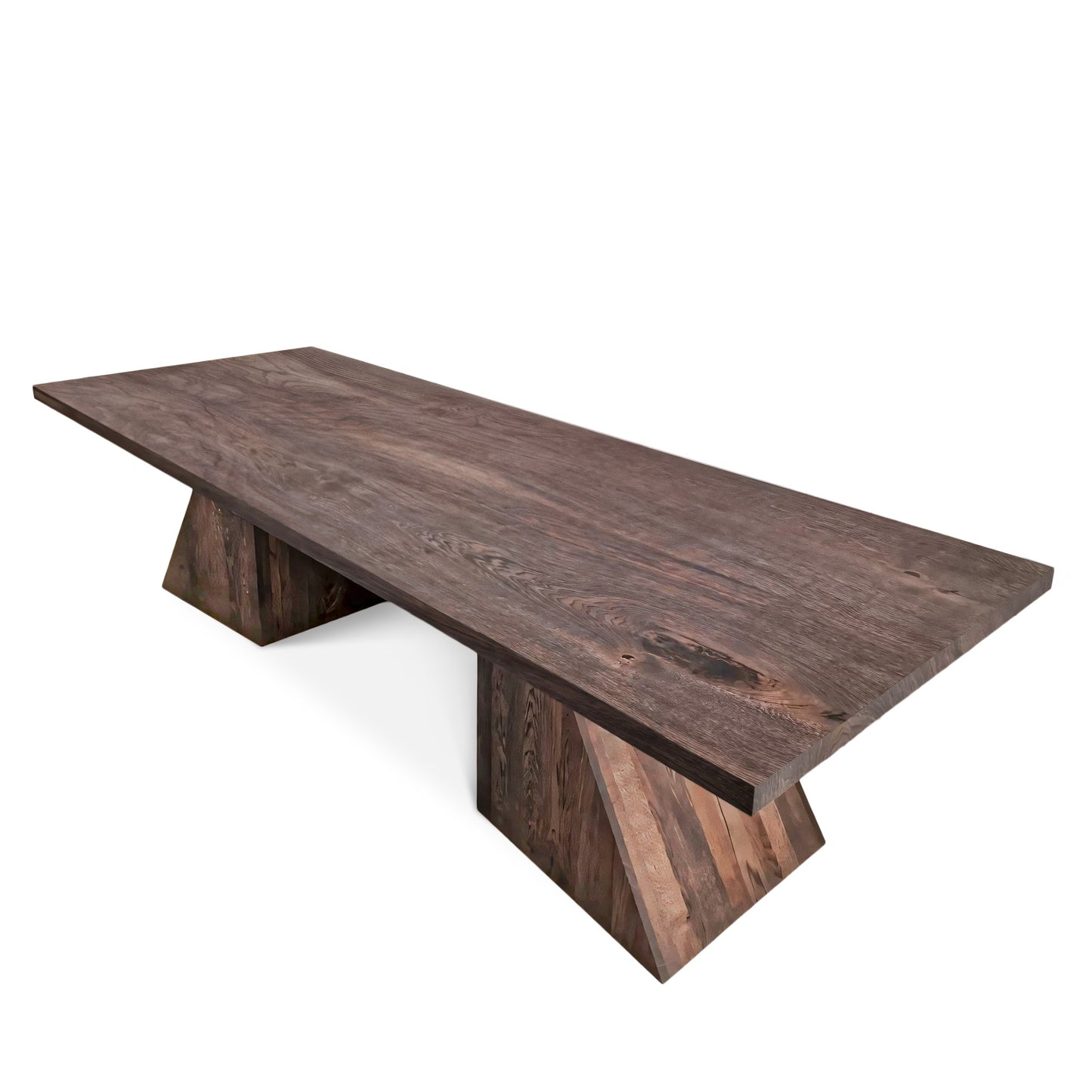 Neph bespoke dining table in chocolate oak, handcrafted from FSC certified solid wood planks. This premium, sustainable designer piece by Talia Haus features a minimalist top-view design, available in custom sizes and finishes including oak and walnut. A luxurious and extendable table that combines timeless style with eco-conscious craftsmanship.