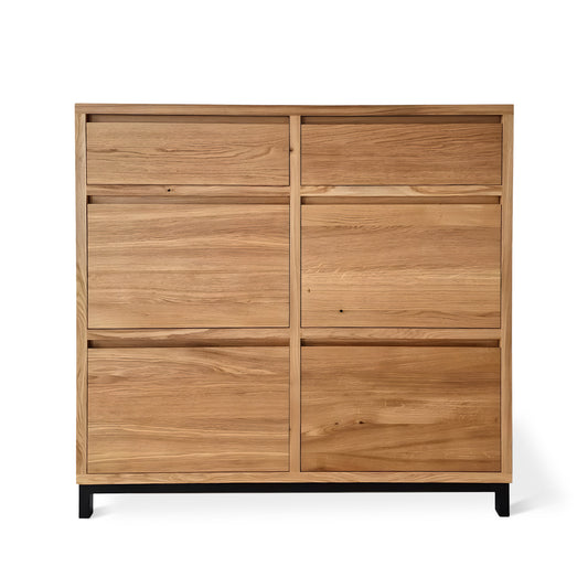 Noma solid wood bedroom dresser in natural clear oak, front view – handmade bespoke storage piece crafted from FSC-certified solid oak planks, featuring a minimalist design, premium craftsmanship, and sustainable materials by Talia Haus.