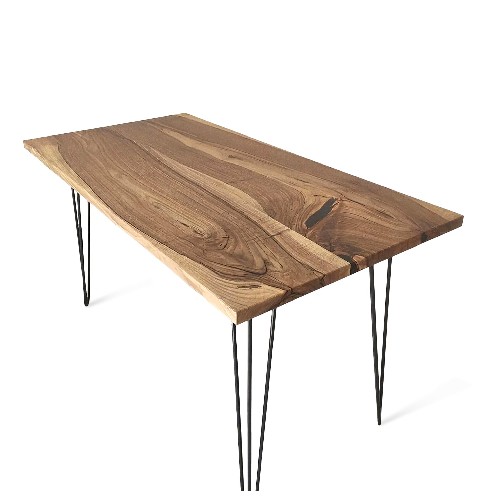 Rhea bespoke solid wood dining table handcrafted from FSC-certified oak or walnut planks, featuring a 4 cm thick tabletop with customizable live edge or clean-cut finish. A luxury, non-extendable table made to order in Europe, blending premium craftsmanship with modern elegance. Paired with black or golden metal legs for a refined, contemporary look, this sustainable dining piece celebrates natural materials and bespoke design.