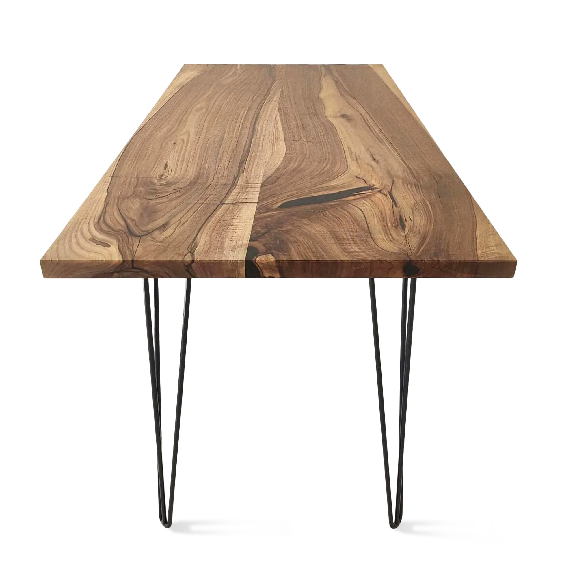 Rhea bespoke solid wood dining table handcrafted from FSC-certified oak or walnut planks, featuring a 4 cm thick tabletop with customizable live edge or clean-cut finish. A luxury, non-extendable table made to order in Europe, blending premium craftsmanship with modern elegance. Paired with black or golden metal legs for a refined, contemporary look, this sustainable dining piece celebrates natural materials and bespoke design.