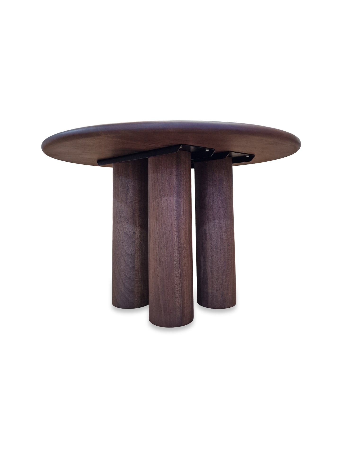Ameline bespoke round dining table crafted from FSC certified solid walnut wood planks, featuring a minimalist designer style. This premium, sustainable piece by Talia Haus blends custom craftsmanship with luxury design, available in oak or walnut and extendable options for versatile dining spaces.
