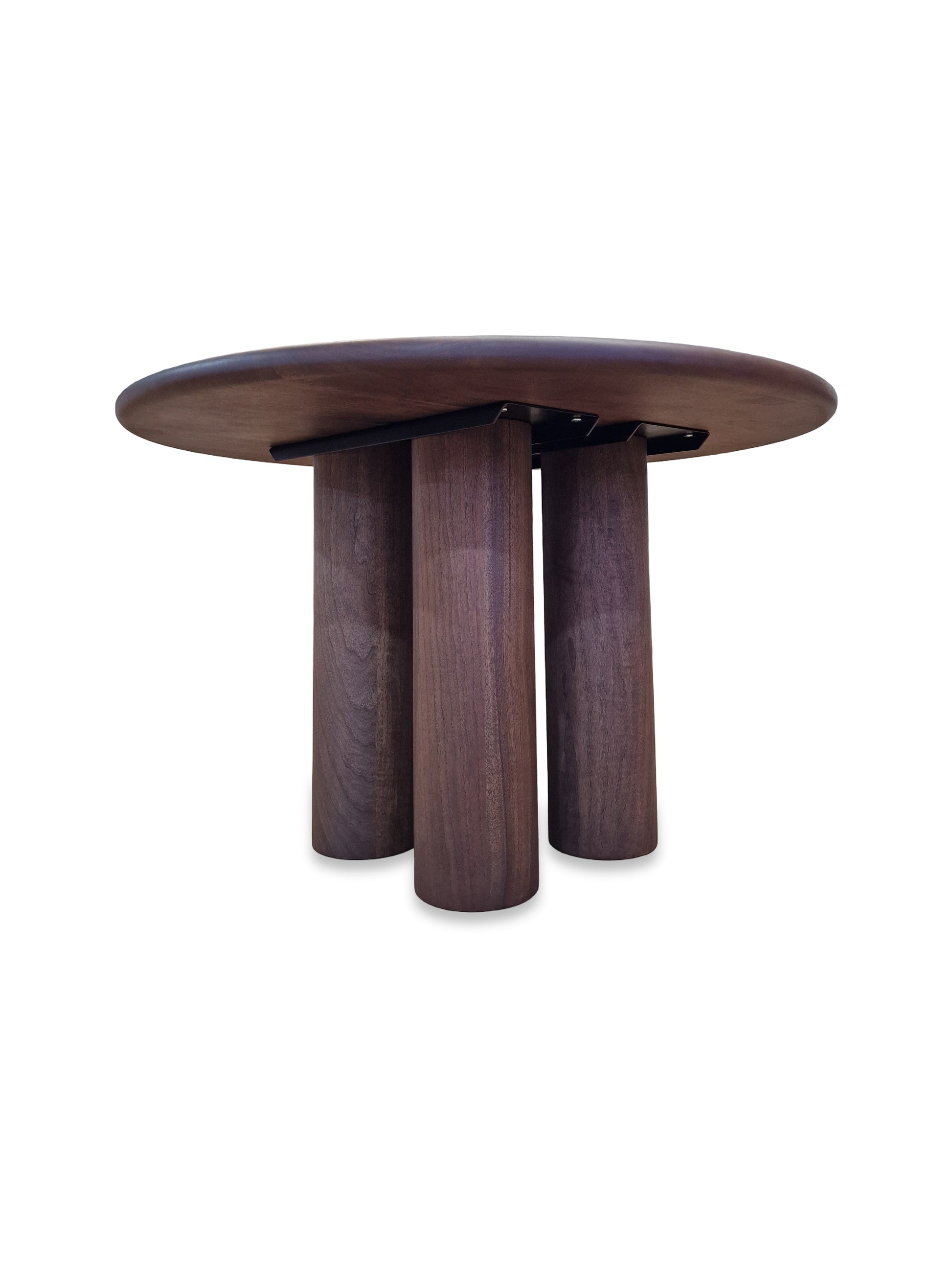 Ameline bespoke round dining table crafted from FSC certified solid walnut wood planks, featuring a minimalist designer style. This premium, sustainable piece by Talia Haus blends custom craftsmanship with luxury design, available in oak or walnut and extendable options for versatile dining spaces.