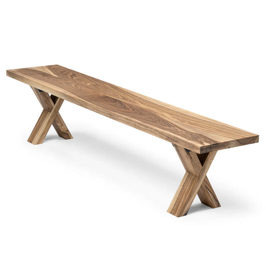 Custom solid walnut wooden bench with 4cm thick hand-selected planks, showcasing the natural wood grain for a warm, elegant touch. FSC-certified and fully customizable in color, edge, and leg style, this bespoke bench is handcrafted for durability and comfort — a perfect complement to any dining table or interior seating area.