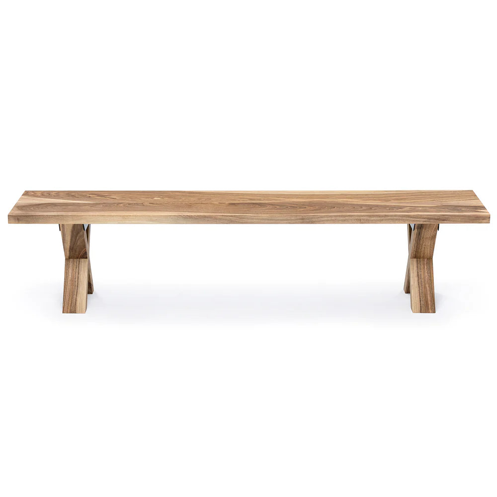 Custom solid walnut wooden bench with 4cm thick hand-selected planks, showcasing the natural wood grain for a warm, elegant touch. FSC-certified and fully customizable in color, edge, and leg style, this bespoke bench is handcrafted for durability and comfort — a perfect complement to any dining table or interior seating area.