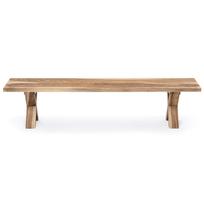 Custom solid walnut wooden bench with 4cm thick hand-selected planks, showcasing the natural wood grain for a warm, elegant touch. FSC-certified and fully customizable in color, edge, and leg style, this bespoke bench is handcrafted for durability and comfort — a perfect complement to any dining table or interior seating area.