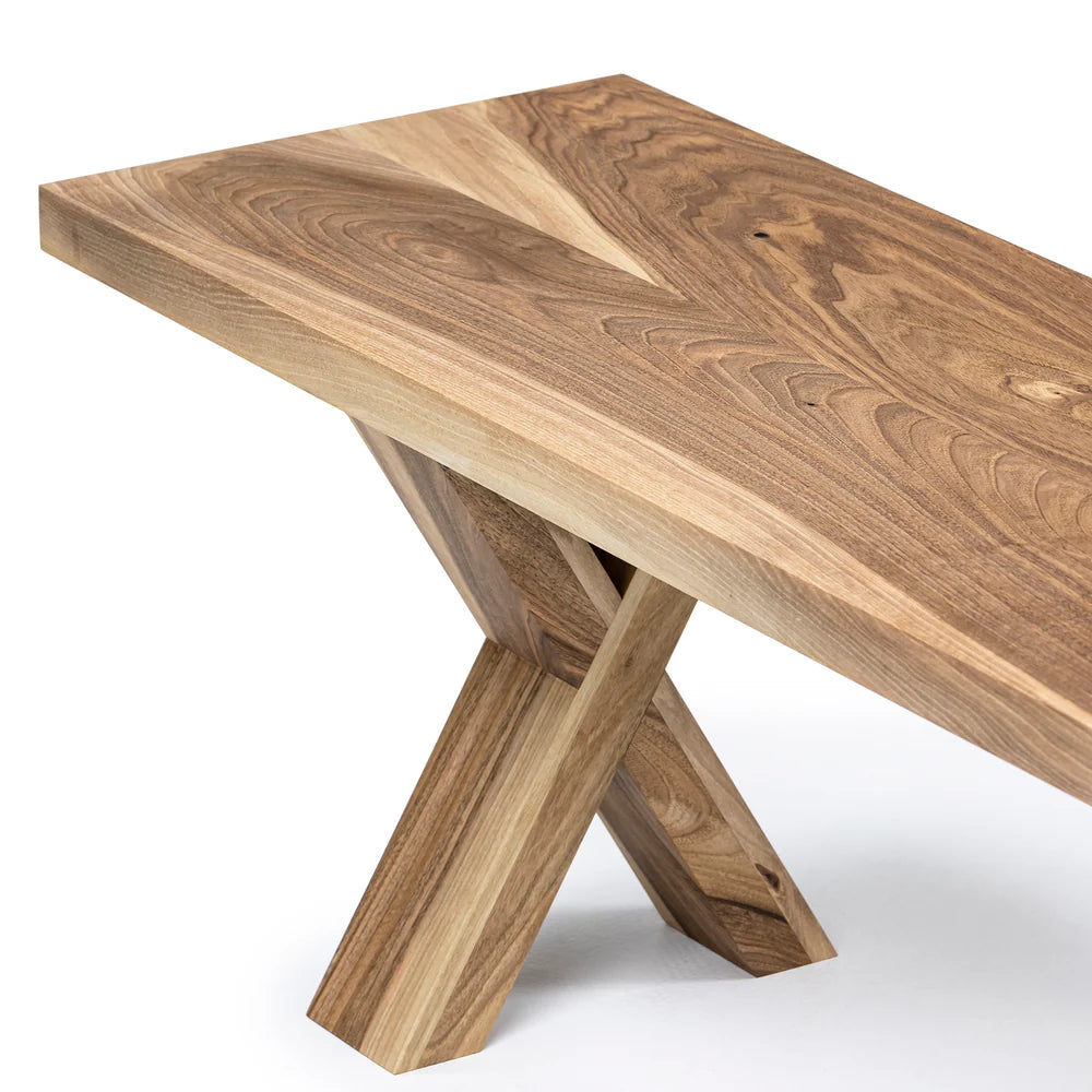 Custom solid walnut wooden bench with 4cm thick hand-selected planks, showcasing the natural wood grain for a warm, elegant touch. FSC-certified and fully customizable in color, edge, and leg style, this bespoke bench is handcrafted for durability and comfort — a perfect complement to any dining table or interior seating area.