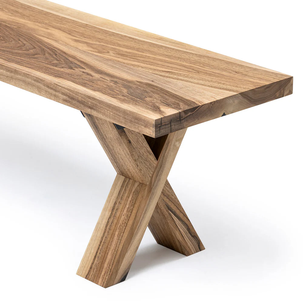 Custom solid walnut wooden bench with 4cm thick hand-selected planks, showcasing the natural wood grain for a warm, elegant touch. FSC-certified and fully customizable in color, edge, and leg style, this bespoke bench is handcrafted for durability and comfort — a perfect complement to any dining table or interior seating area.