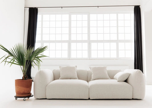 White sofa in a room with large windows and a potted plant.