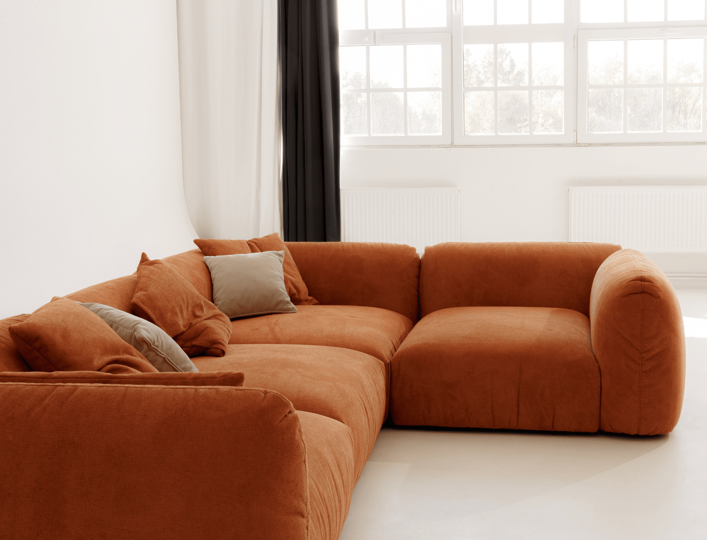 modern modular corner sofa in orange fabric made in Europe