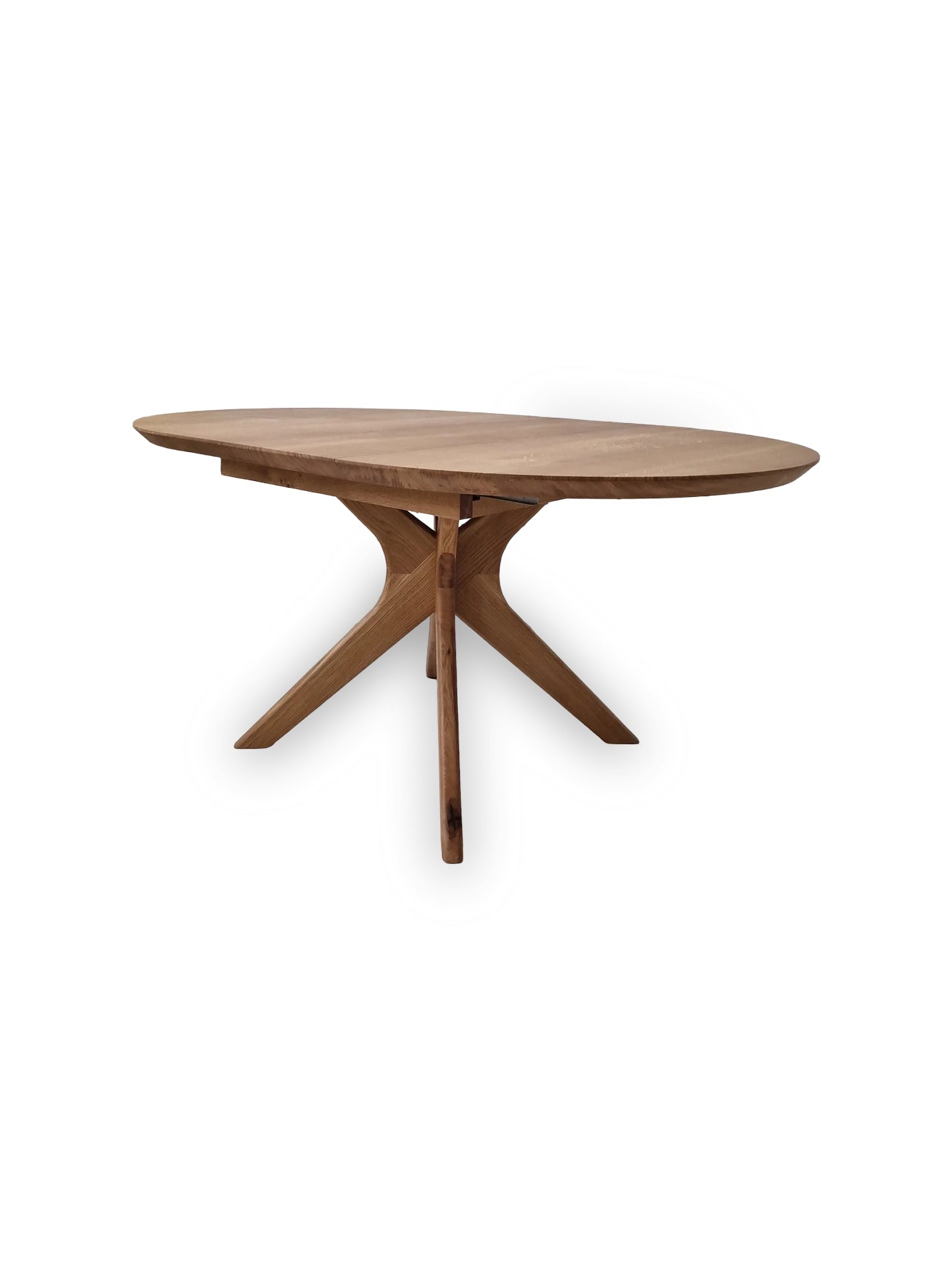 Vera extendable round dining table in clear oak with solid wood spider legs, natural finish, middle extension, 3cm thick top, handcrafted from FSC-certified solid oak, customizable size, color, and edge.